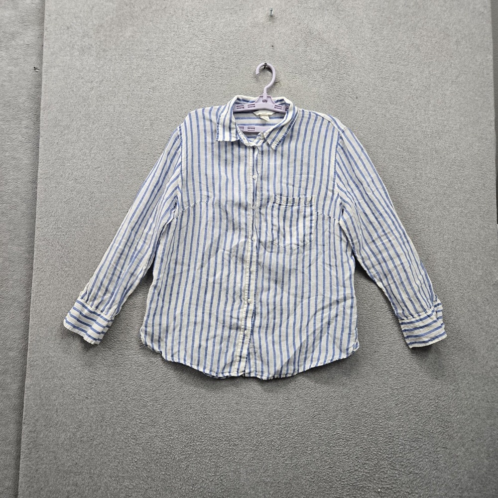 H&M‎ Women Button Up Shirt L White Linen Striped Long Sleeve Breathable